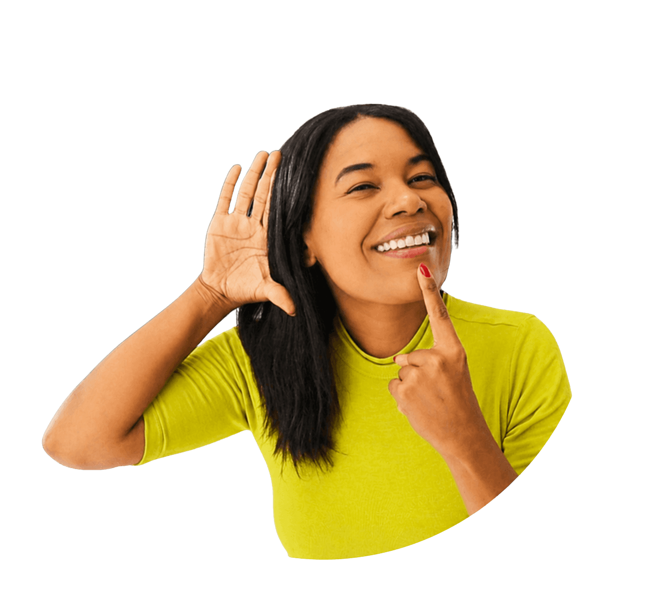 A woman smiling, ready to start the pronunciation assessment.